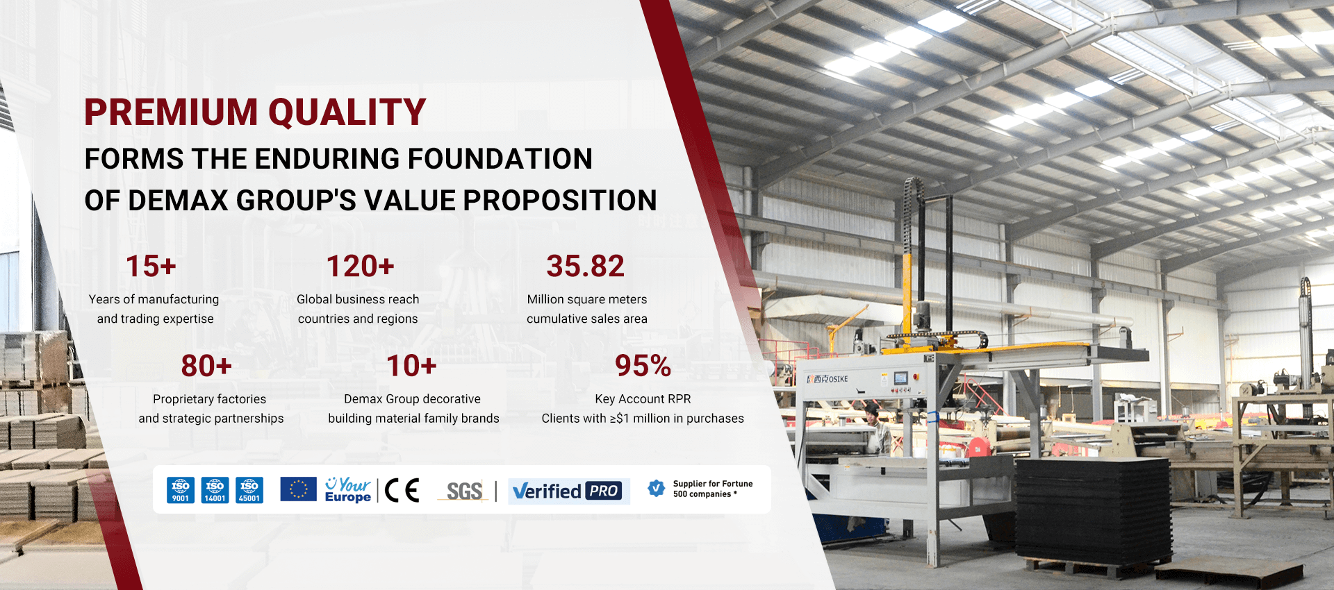 Banner featuring Shandong Demax Group's 20 years as a responsible one-stop building material provider, emphasizing their specialization in flooring with a background of expertise and reliability.